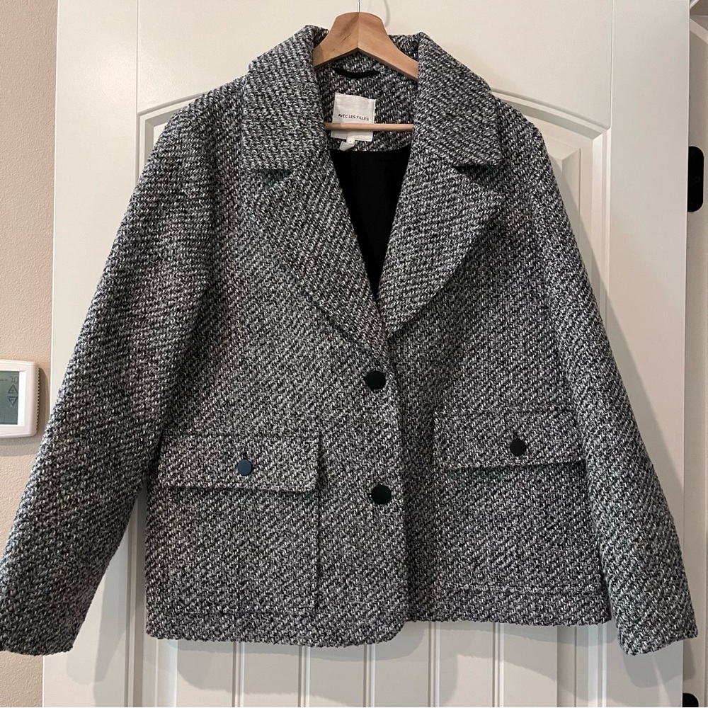 Avec Les Filles Charcoal and Black Tweed Pea Coat Sz. Large Heavy